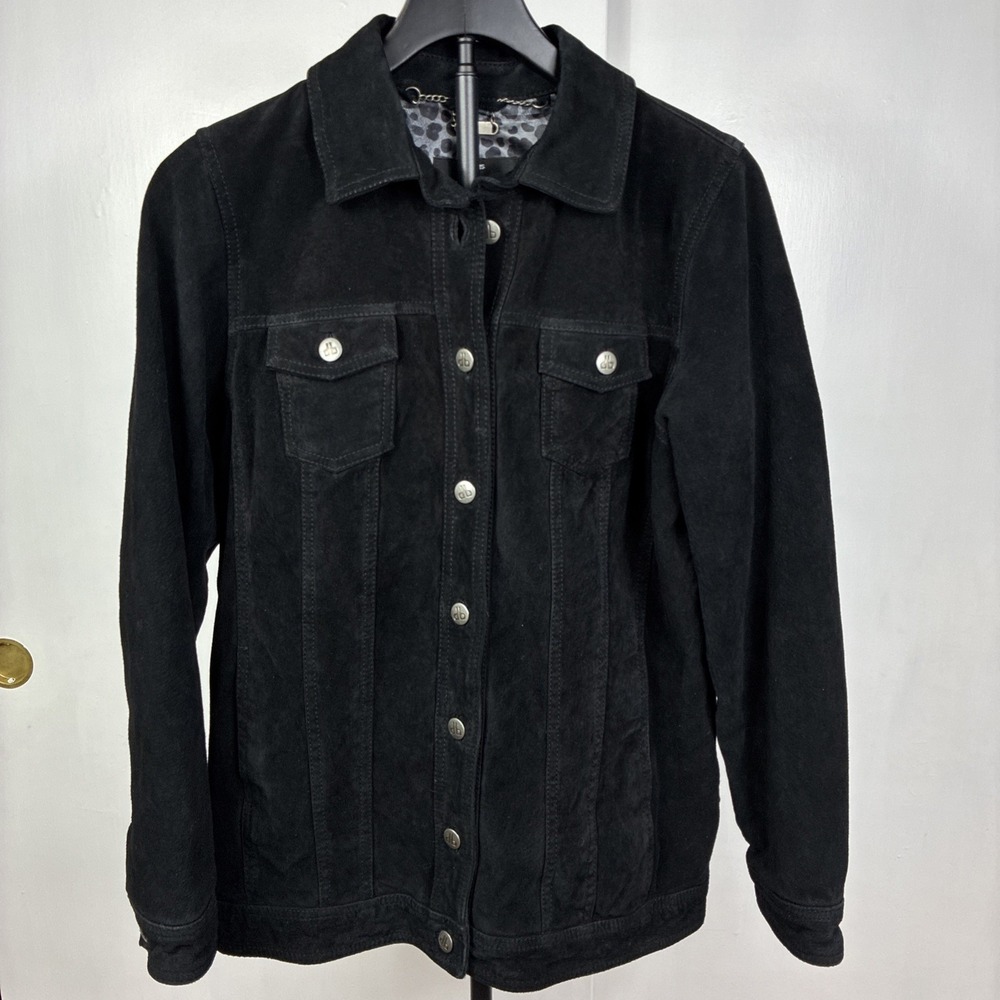 Dennis Basso Black Washable Suede Button Front Trucker Jacket Leather Sz Small